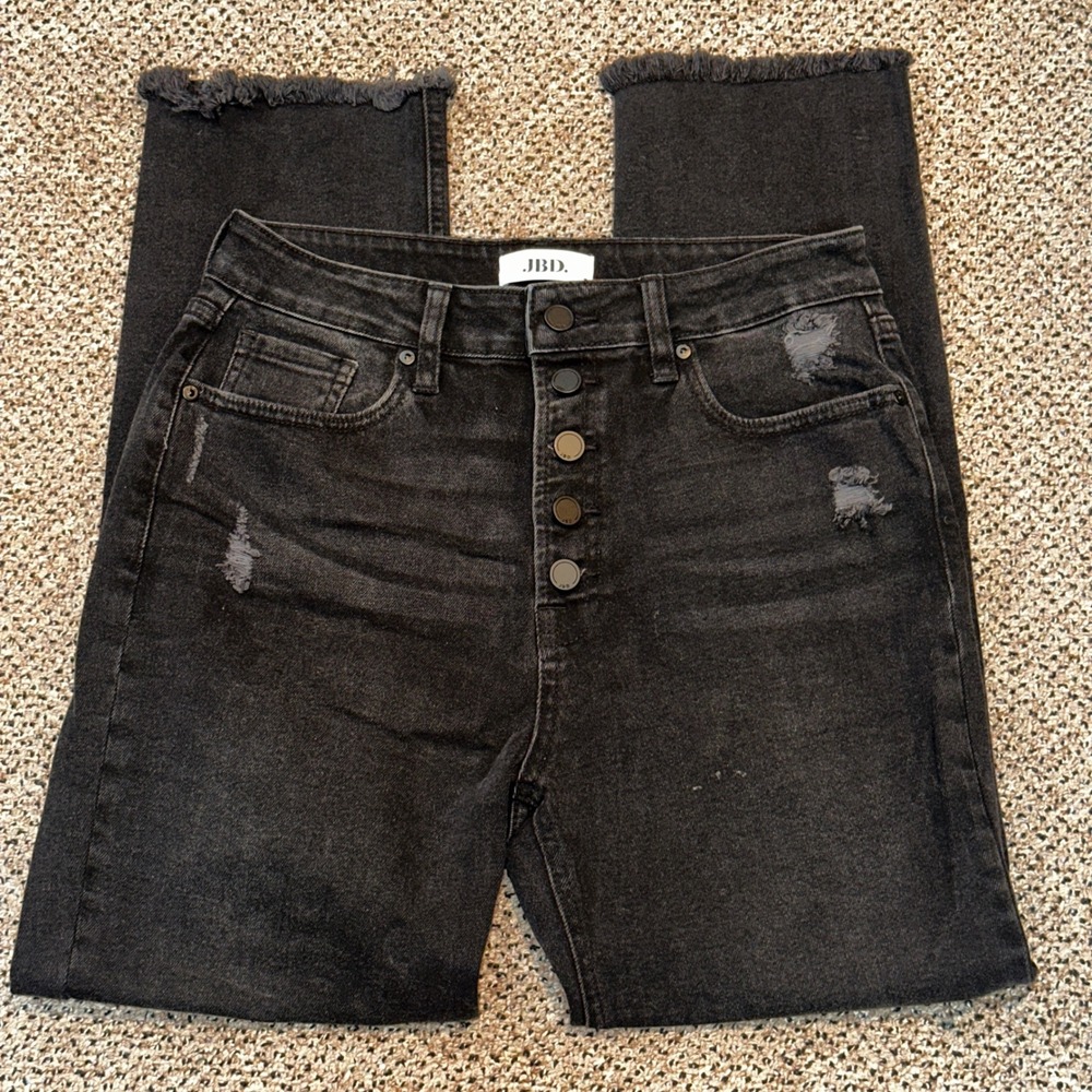 Just Black Denim JBD Distressed Button Fly Skinny Jeans Frayed Hem Black Size 28
